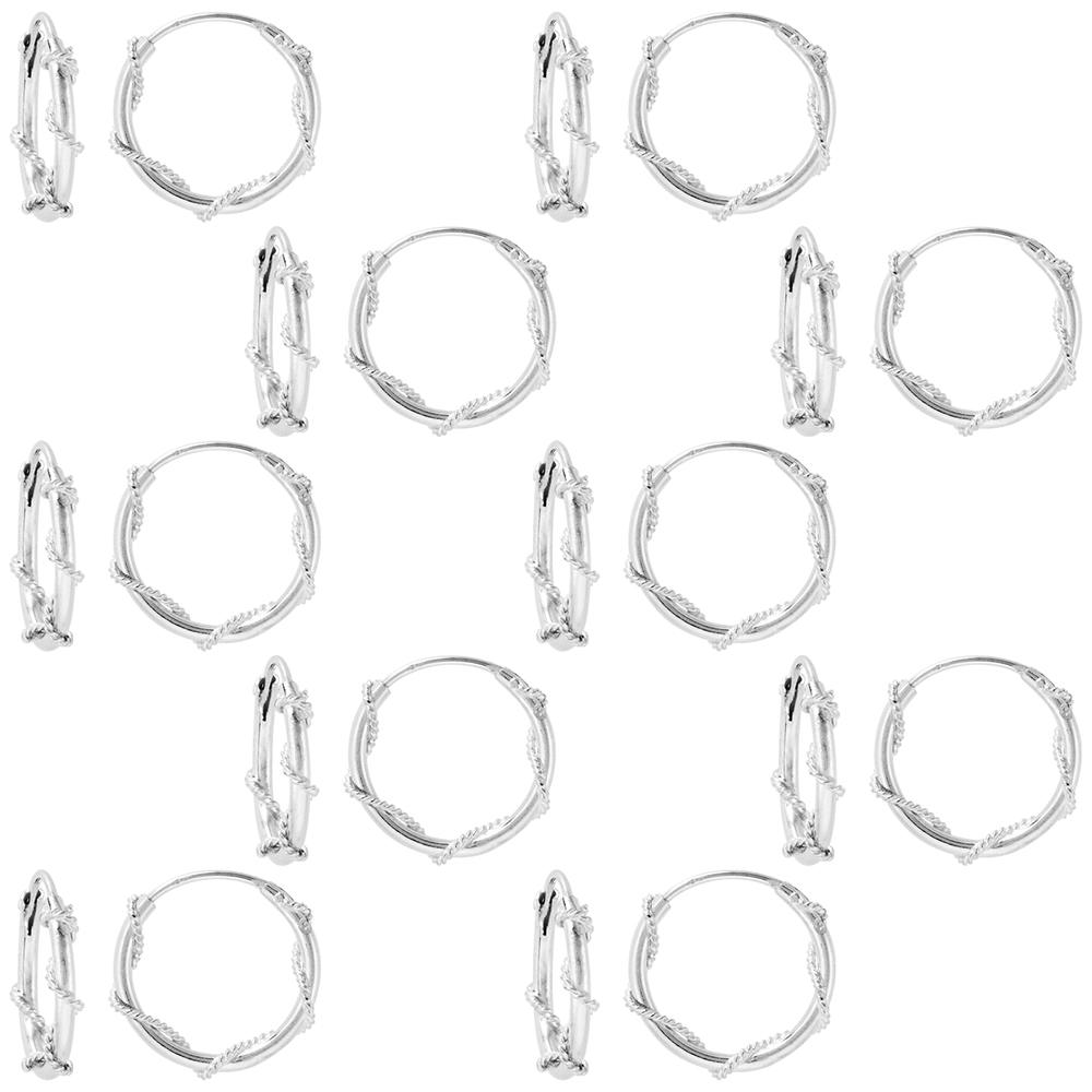 10 Pairs Sterling Silver Rope Wire Wrapped Endless Hoop Earrings 1 mm thin tube 5/8 inch 16mm