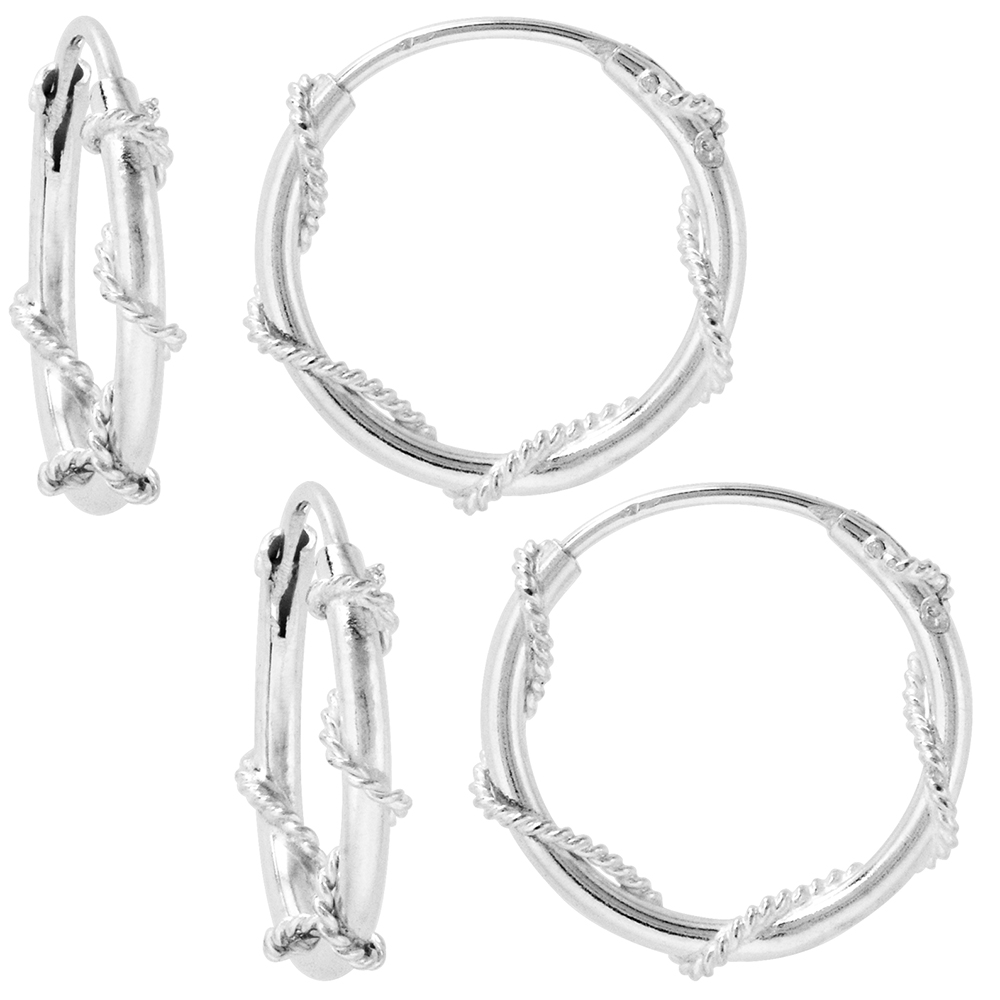 2 Pairs Sterling Silver Rope Wire Wrapped Endless Hoop Earrings 1 mm thin tube 5/8 inch 16mm