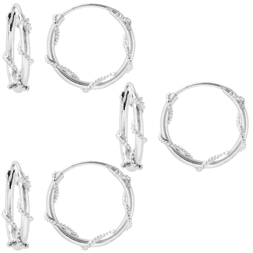 3 Pairs Sterling Silver Rope Wire Wrapped Endless Hoop Earrings 1 mm thin tube 5/8 inch 16mm