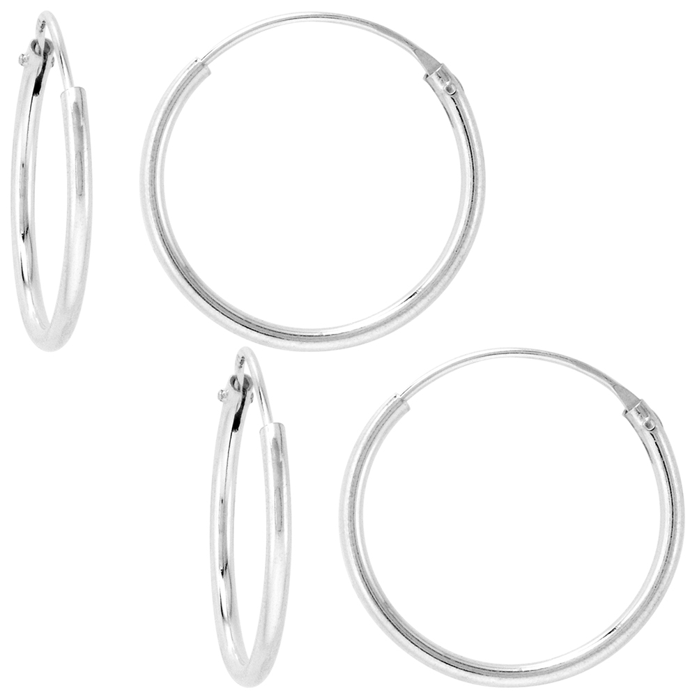 2 Pairs Sterling Silver Endless Hoop Earrings thin 1 mm tube 5/8 inch 16mm