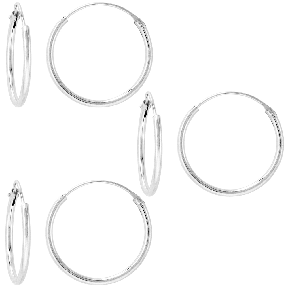 3 Pairs Sterling Silver Endless Hoop Earrings thin 1 mm tube 5/8 inch 16mm