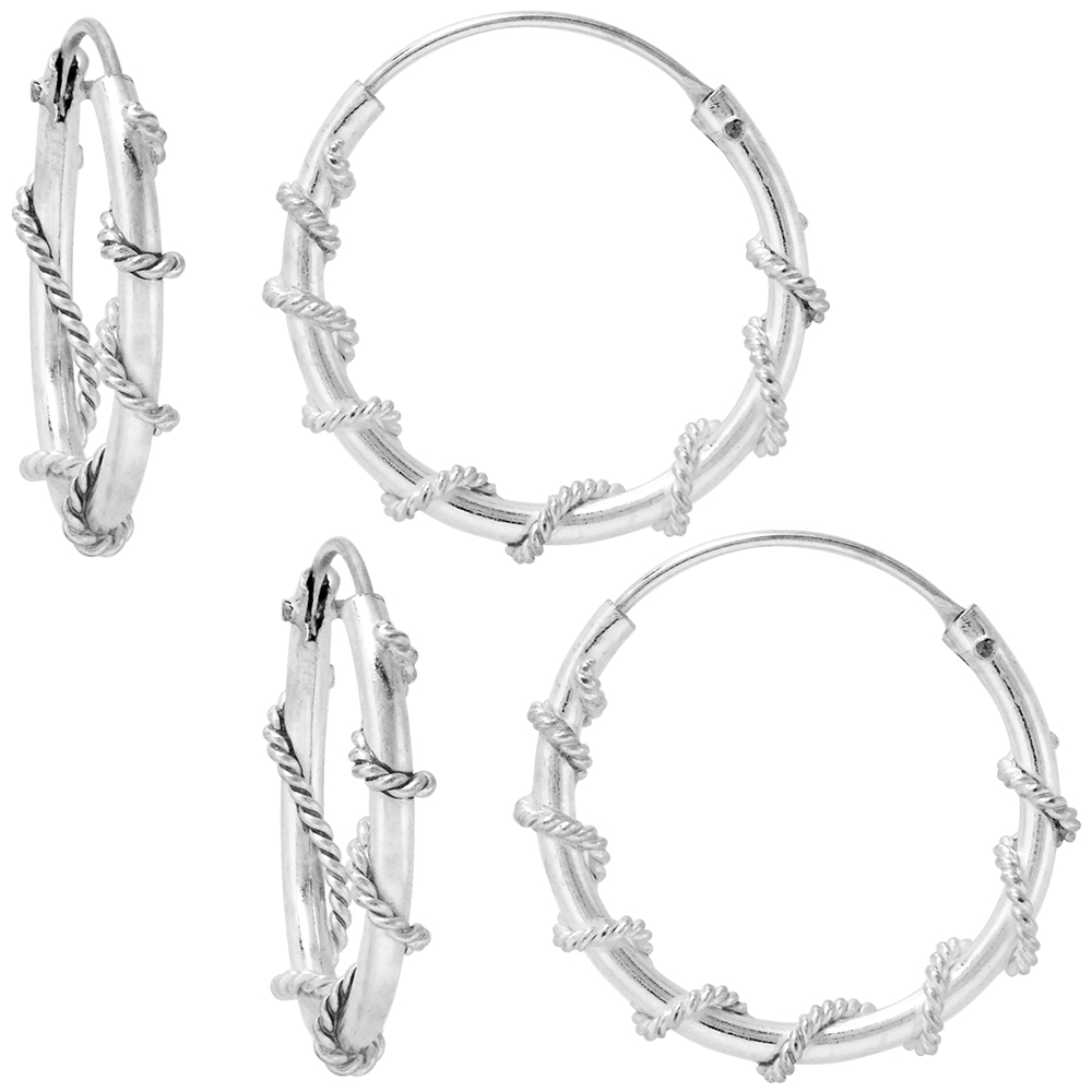 2 Pairs Sterling Silver Rope Wire Wrapped Endless Hoop Earrings 1 mm thin tube 3/4 inch 18mm