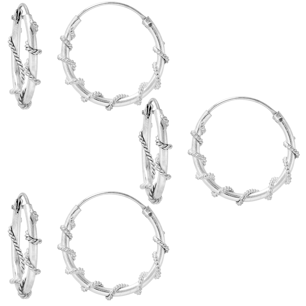 3 Pairs Sterling Silver Rope Wire Wrapped Endless Hoop Earrings 1 mm thin tube 3/4 inch 18mm