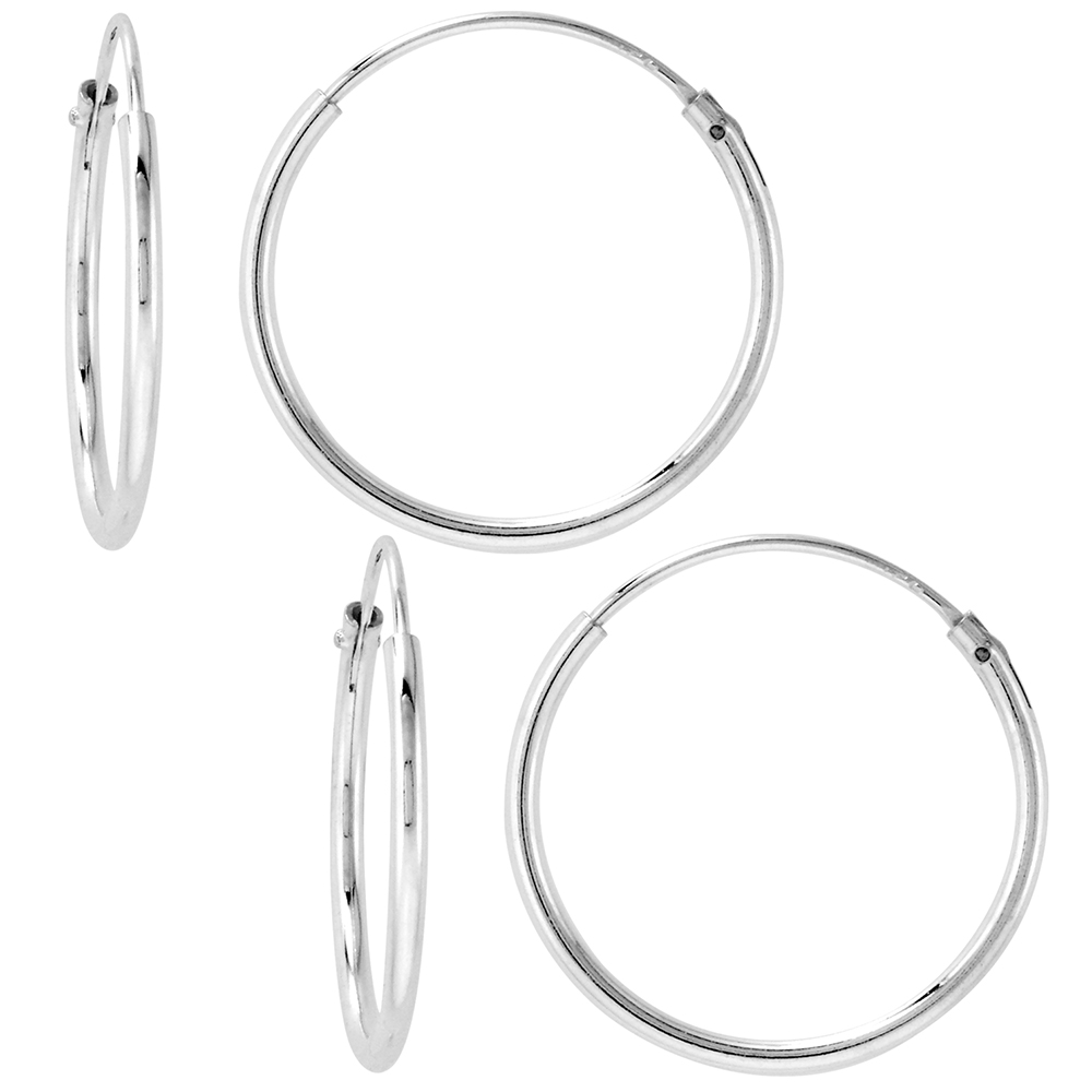 2 Pairs Sterling Silver Endless Hoop Earrings thin 1 mm tube 3/4 inch 18mm