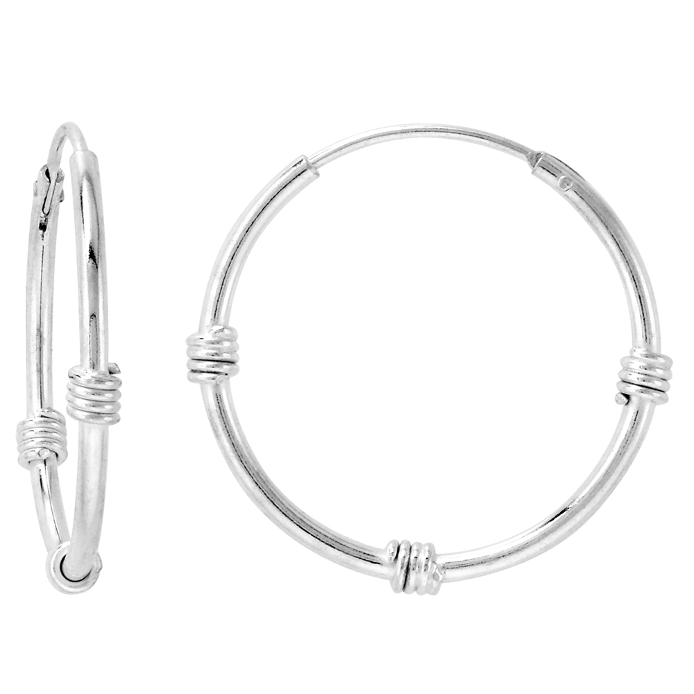 Sterling Silver Bali Style Endless Hoop Earrings thin 1 mm tube 3/4 inch 20mm