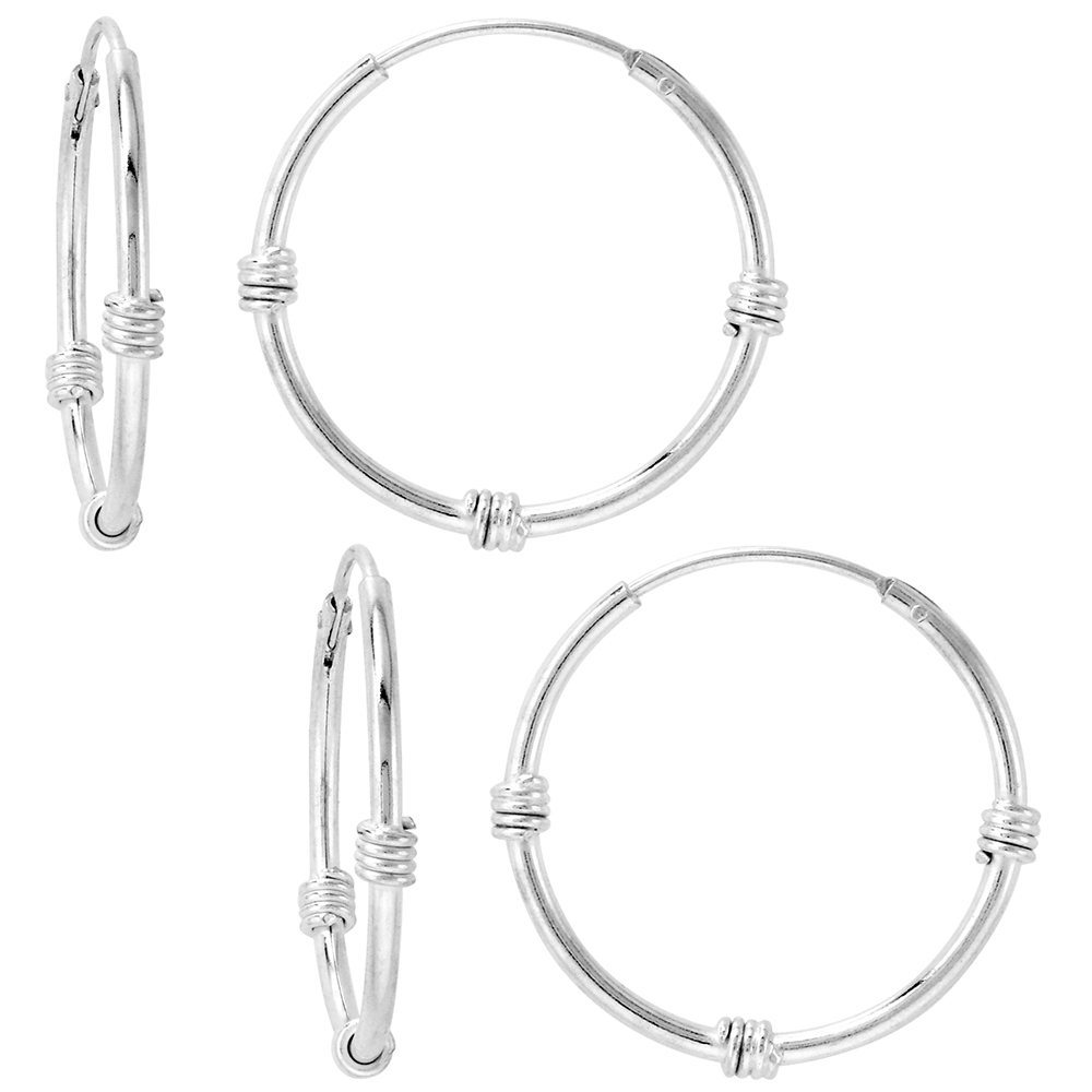 2 Pairs Sterling Silver Bali Style Endless Hoop Earrings thin 1 mm tube 3/4 inch 20mm
