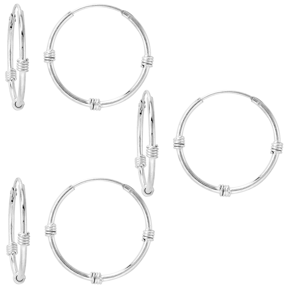 3 Pairs Sterling Silver Bali Style Endless Hoop Earrings thin 1 mm tube 3/4 inch 20mm