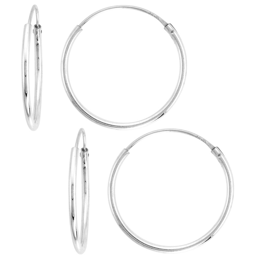 2 Pairs Sterling Silver Endless Hoop Earrings thin 1 mm tube 3/4 inch 20mm