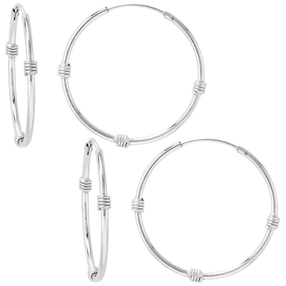 2 Pairs Sterling Silver Bali Style Endless Hoop Earrings thin 1 mm tube 1 inch 25mm