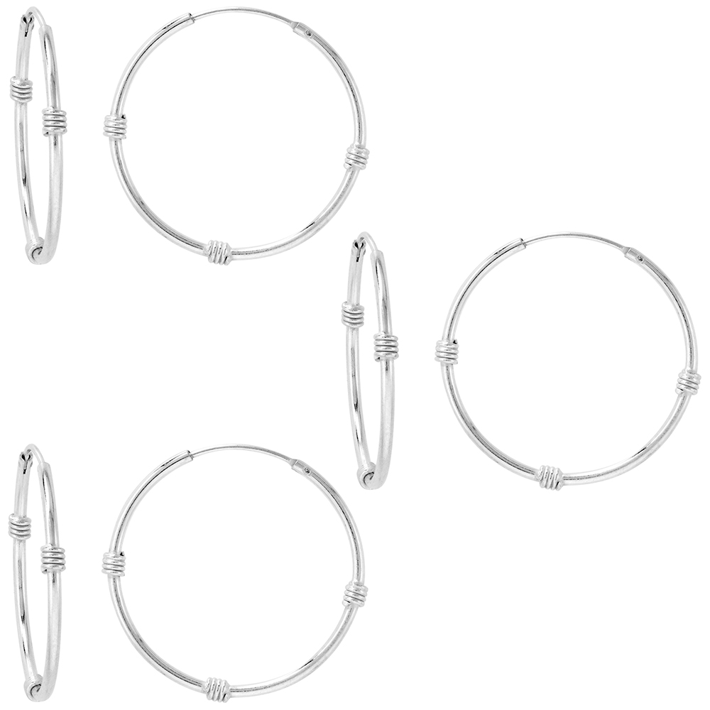 3 Pairs Sterling Silver Bali Style Endless Hoop Earrings thin 1 mm tube 1 inch 25mm