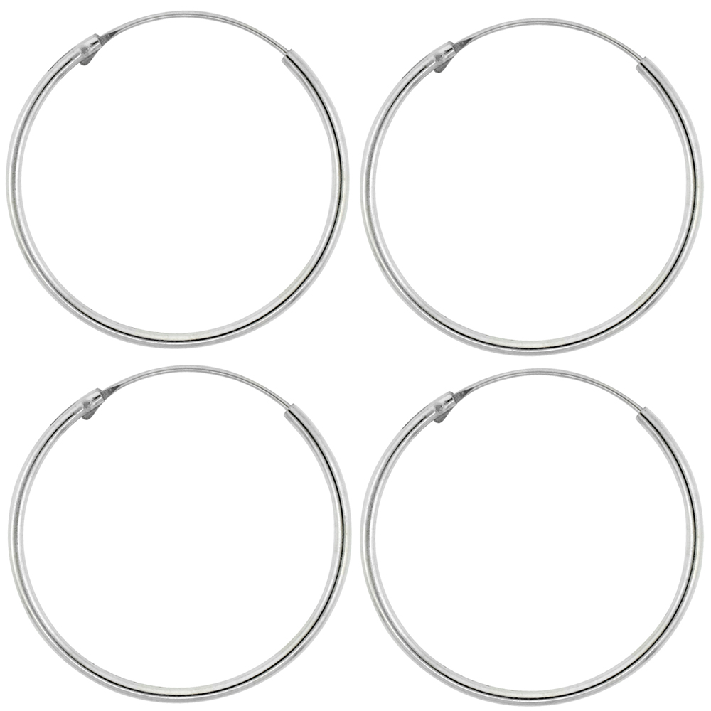2 Pairs Sterling Silver Endless Hoop Earrings thin 1 mm tube 1 inch 25mm