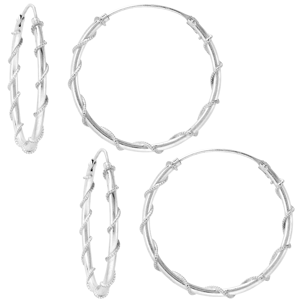 2 Pairs Sterling Silver Rope Wire Wrapped Endless Hoop Earrings 1 mm thin tube 1 1/4 inch 30mm