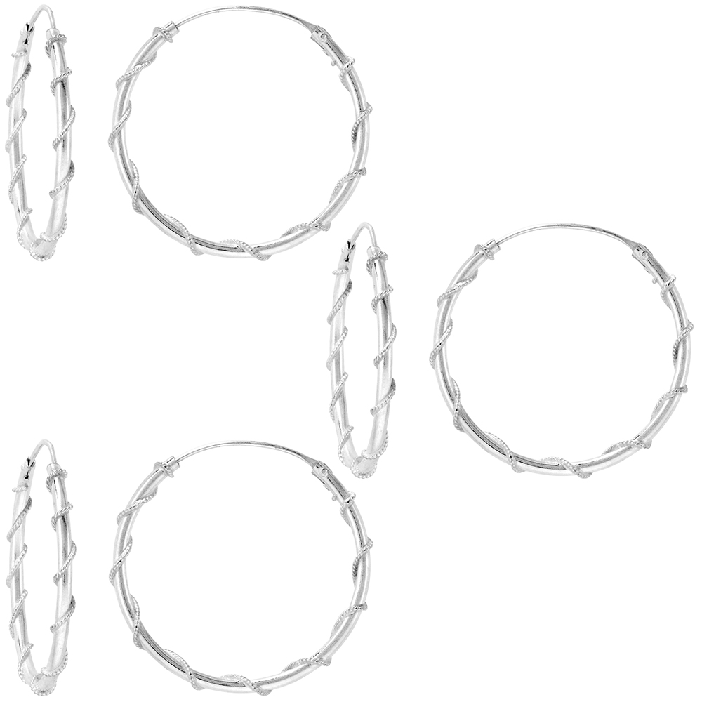 3 Pairs Sterling Silver Rope Wire Wrapped Endless Hoop Earrings 1 mm thin tube 1 1/4 inch 30mm