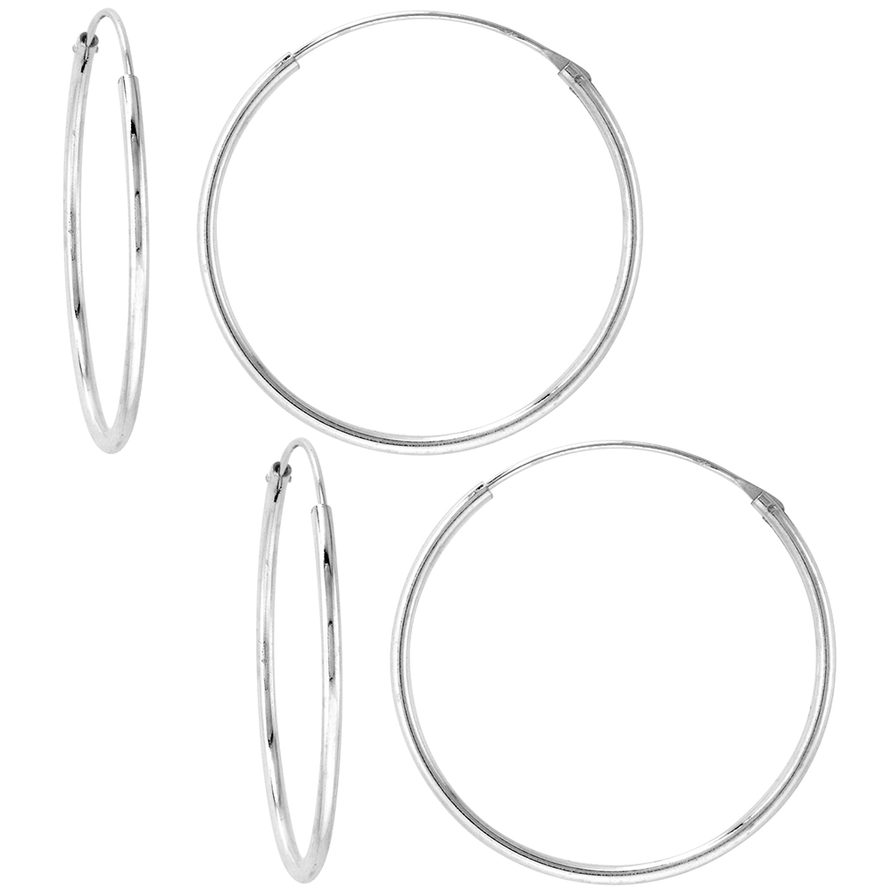 2 Pairs Sterling Silver Endless Hoop Earrings thin 1 mm tube 1 1/4 inch 30mm