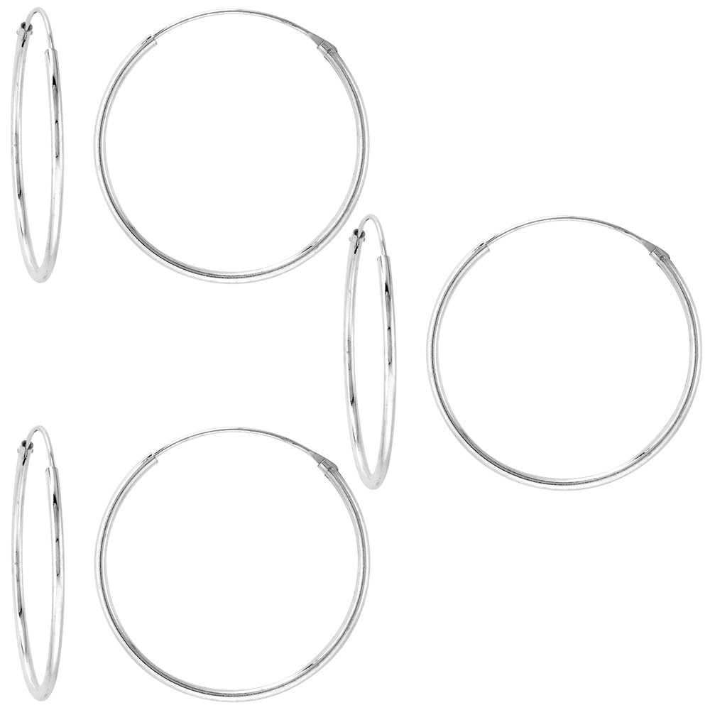 3 Pairs Sterling Silver Endless Hoop Earrings thin 1 mm tube 1 1/4 inch 30mm