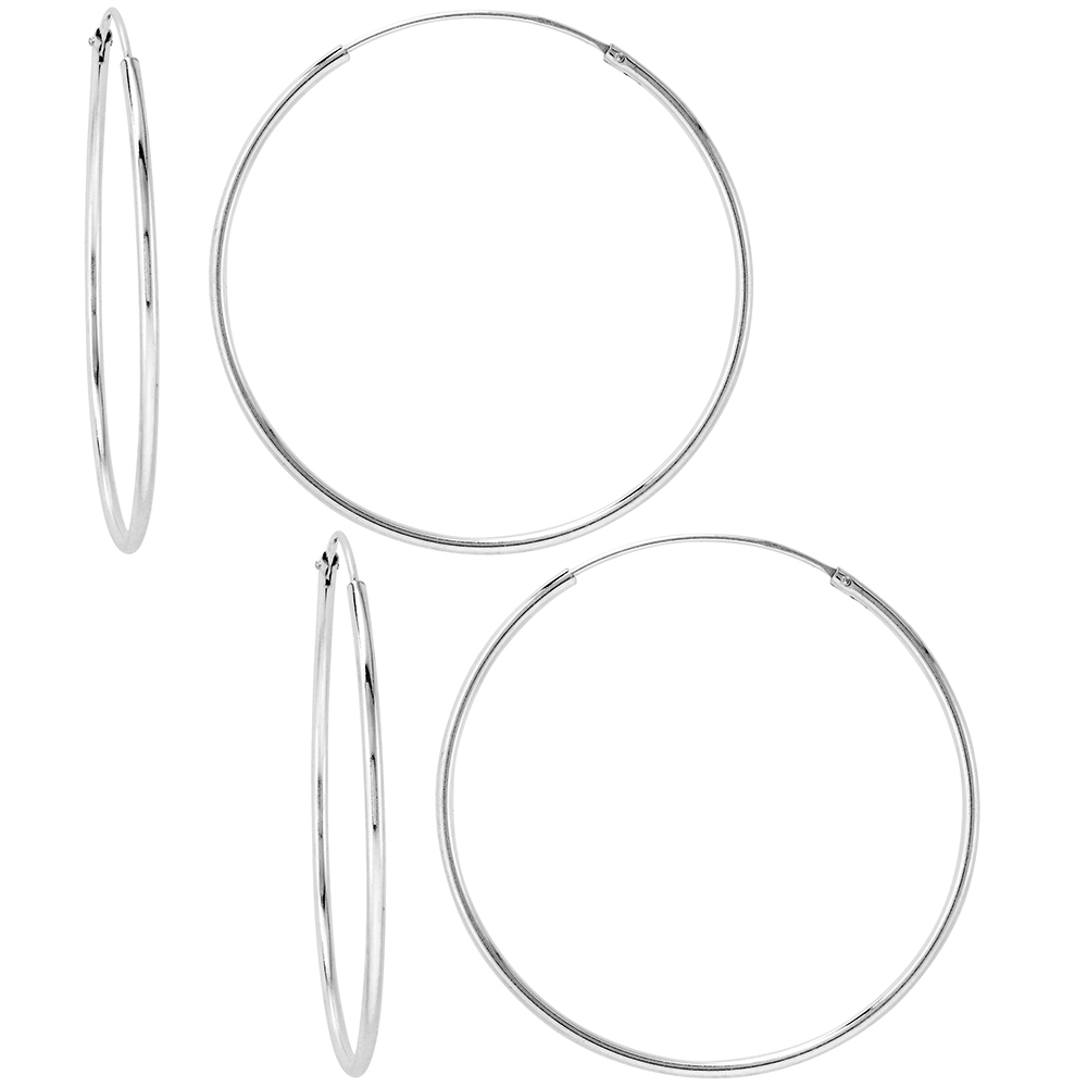 2 Pairs Sterling Silver Endless Hoop Earrings thin 1 mm tube 1 3/8 inch 35mm