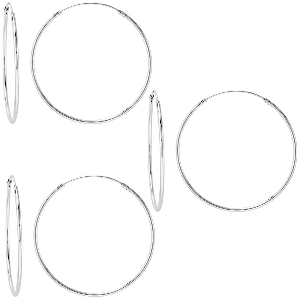 3 Pairs Sterling Silver Endless Hoop Earrings thin 1 mm tube 1 3/8 inch 35mm