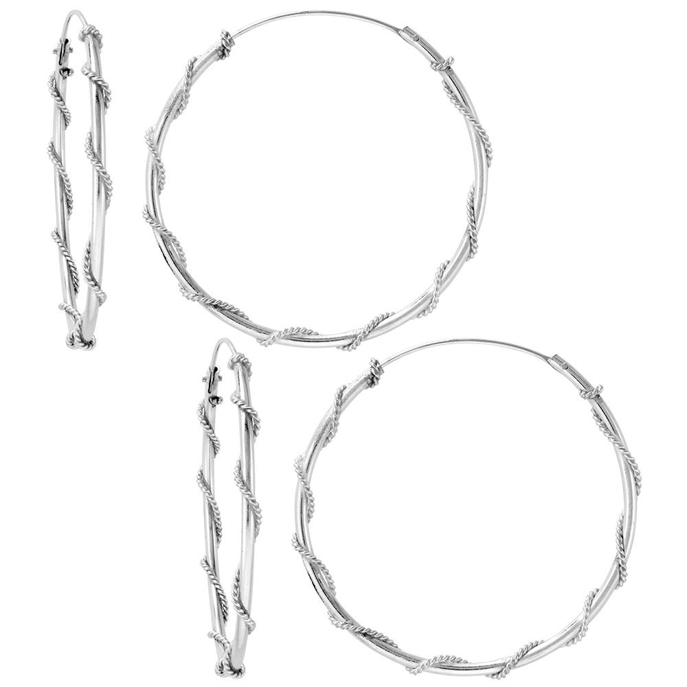 2 Pairs Sterling Silver Rope Wire Wrapped Endless Hoop Earrings 1 mm thin tube 1 1/2 inch 40mm