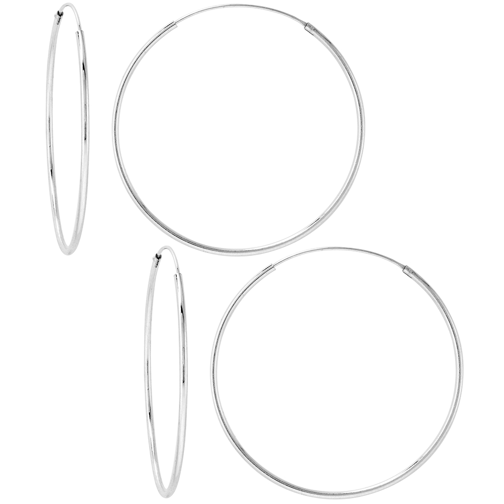 2 Pairs Sterling Silver Endless Hoop Earrings thin 1 mm tube 1 1/2 inch 40mm