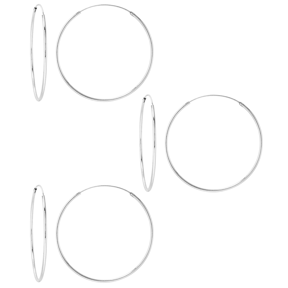 3 Pairs Sterling Silver Endless Hoop Earrings thin 1 mm tube 1 1/2 inch 40mm