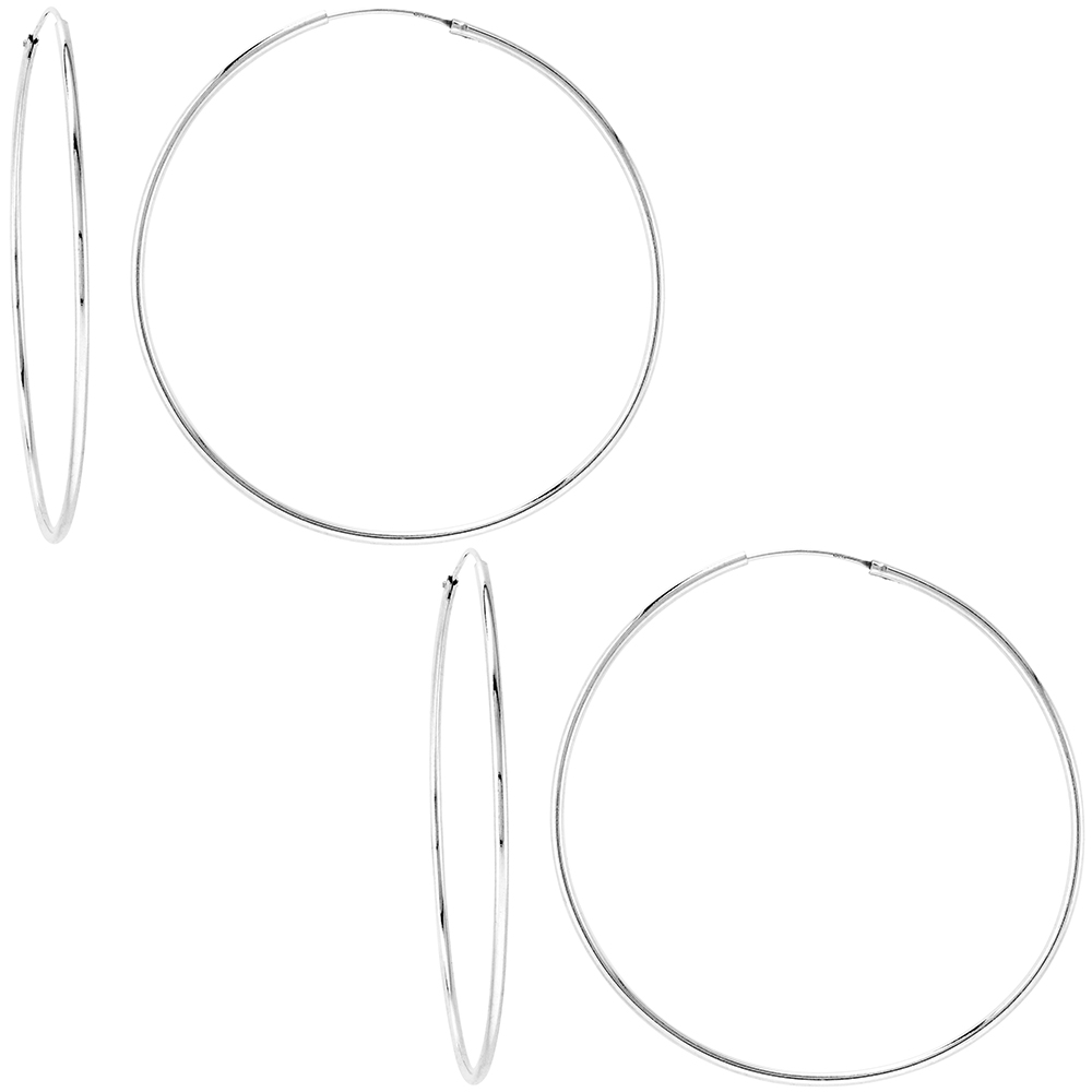 2 Pairs Sterling Silver Thin Endless Hoop Earrings thin 1 mm tube 2 inch 50mm