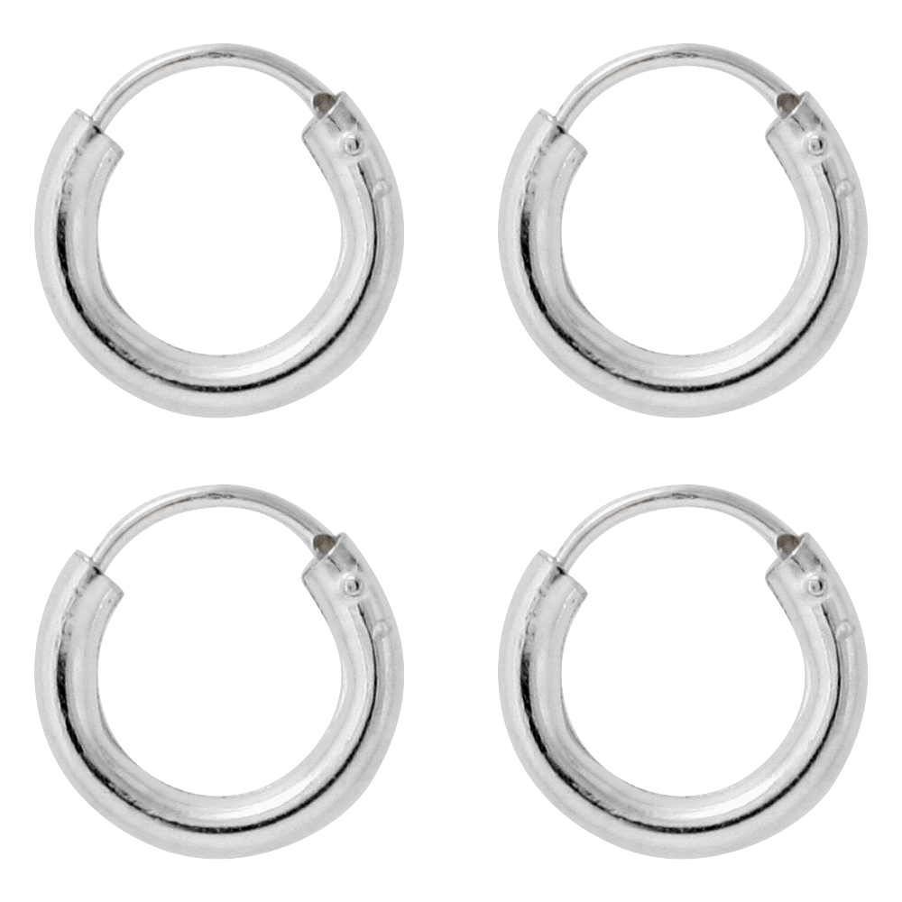 2 Pairs 2mm Thick Sterling Silver Small 10mm Endless Hoop Earrings for Cartilage Nose and Lips 3/8 inch