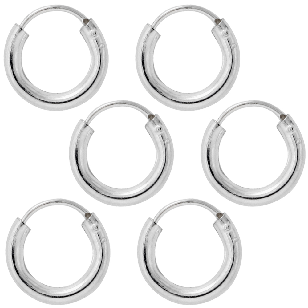 3 Pairs 2mm Thick Sterling Silver Small 10mm Endless Hoop Earrings for Cartilage Nose and Lips 3/8 inch