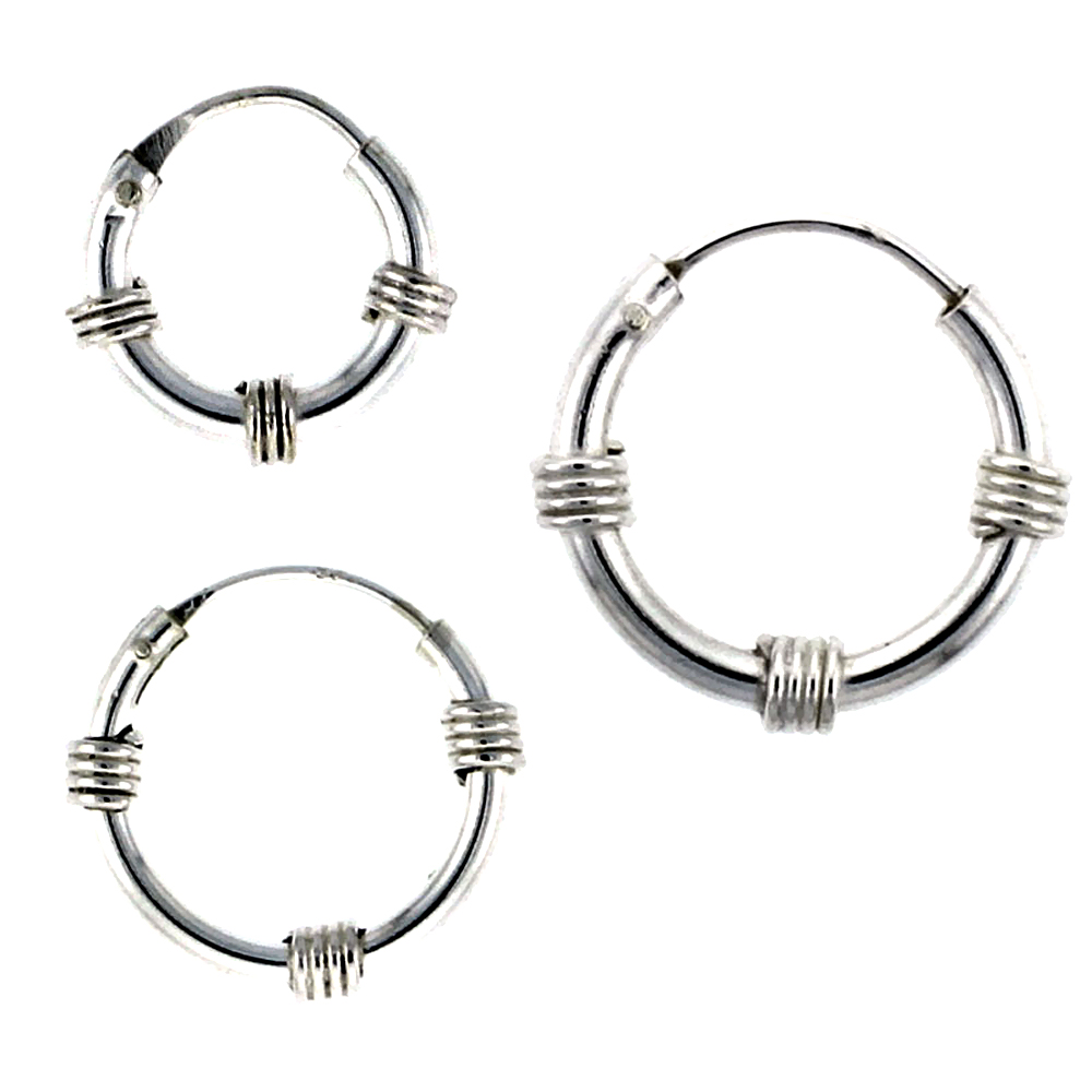 Sterling Silver 1, 14mm &amp; 16mm Bali Style Endless Hoop Earrings Set