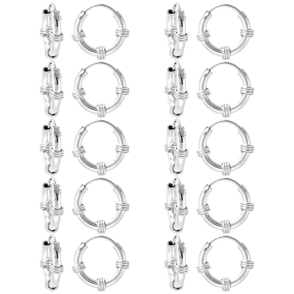10 Pairs Bali Style 2mm Thick Sterling Silver 12mm Endless Hoop Earrings for ears Nose and lips1/2 inch