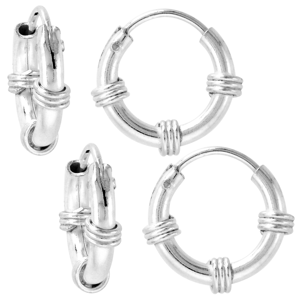 2 Pairs Bali Style 2mm Thick Sterling Silver 12mm Endless Hoop Earrings for ears Nose and lips 1/2 inch