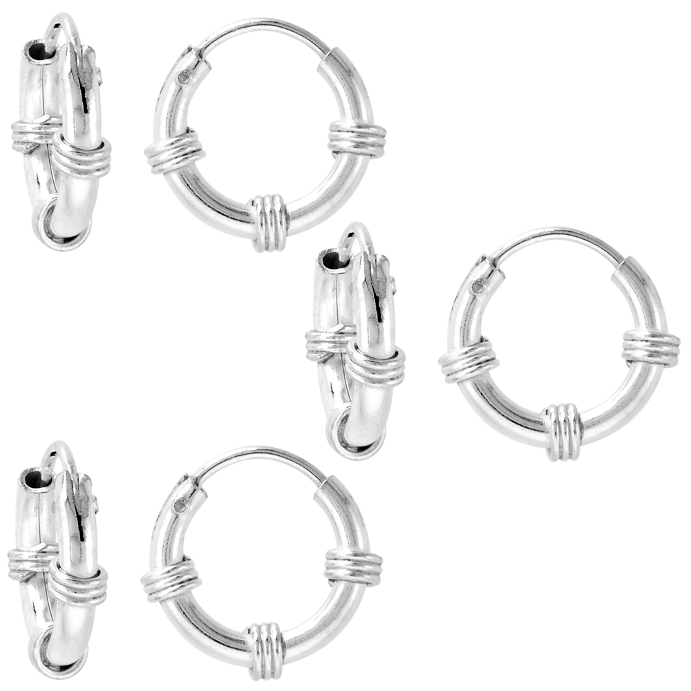 3 Pairs Bali Style 2mm Thick Sterling Silver 12mm Endless Hoop Earrings for ears Nose and lips 1/2 inch