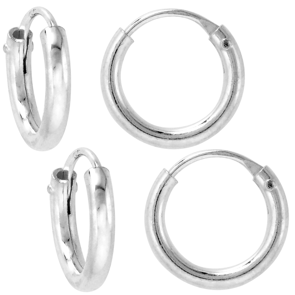 2 Pairs 2mm Thick Sterling Silver 12mm mm Endless Hoop Earrings for Cartilage Nose and Lips 1/2 inch