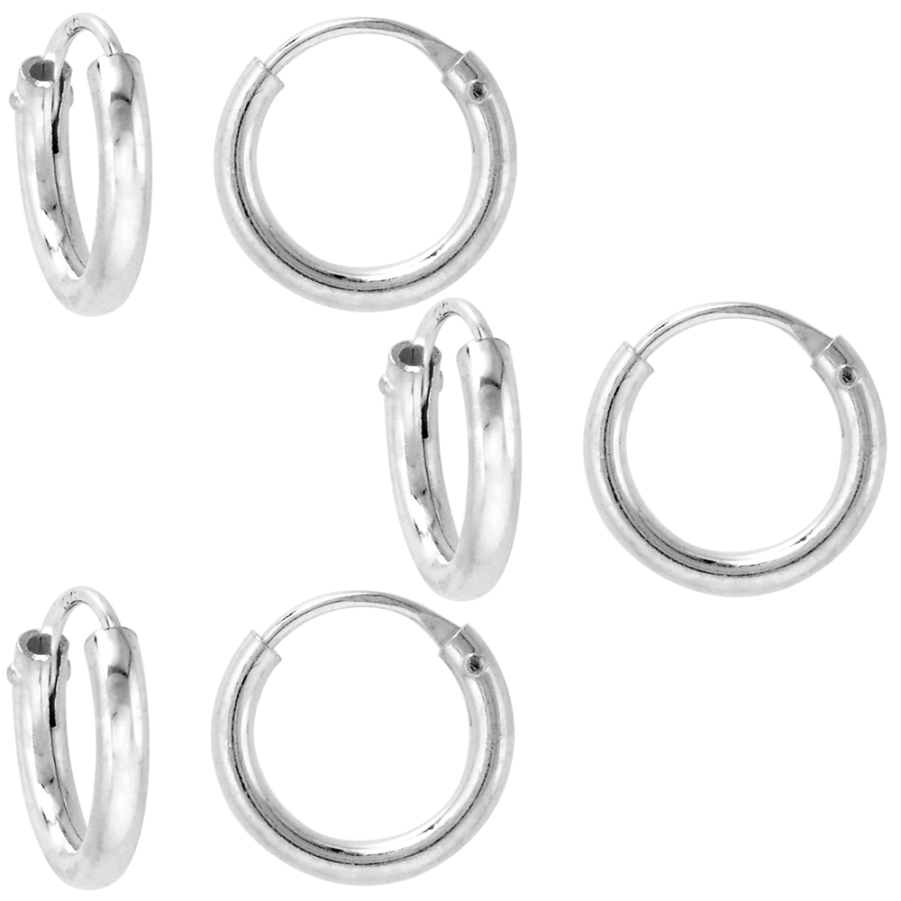 3 Pairs 2mm Thick Sterling Silver 12mm mm Endless Hoop Earrings for Cartilage Nose and Lips 1/2 inch