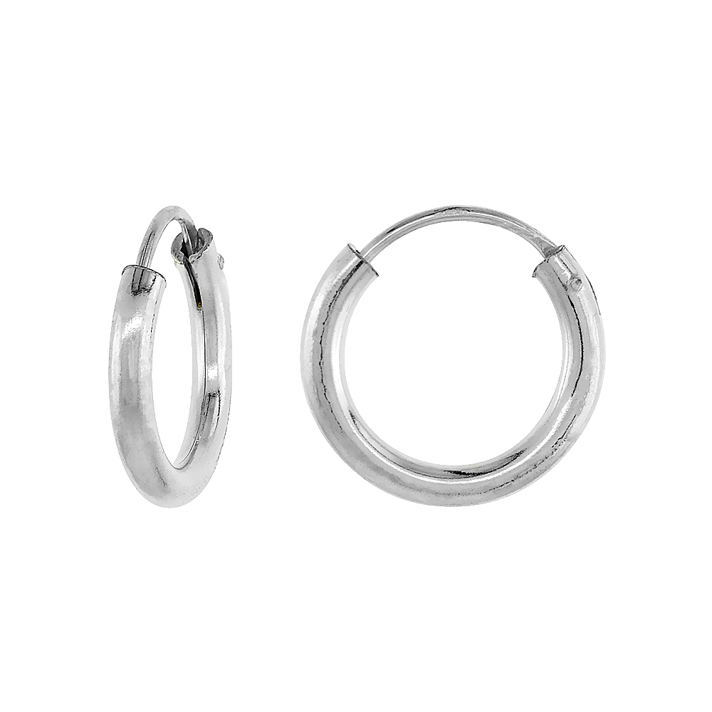 2mm Thick Sterling Silver 14mm Endless Hoop Earrings for men and women 9/16 inch Round