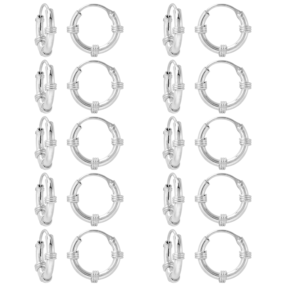 10 Pairs Bali Style 2mm Thick Sterling Silver 14mm Endless Hoop Earrings 9/16 inch Round