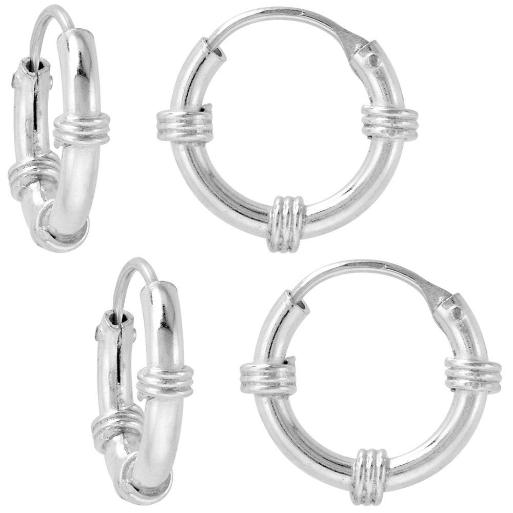 2 Pairs Bali Style 2mm Thick Sterling Silver 14mm Endless Hoop Earrings 9/16 inch Round