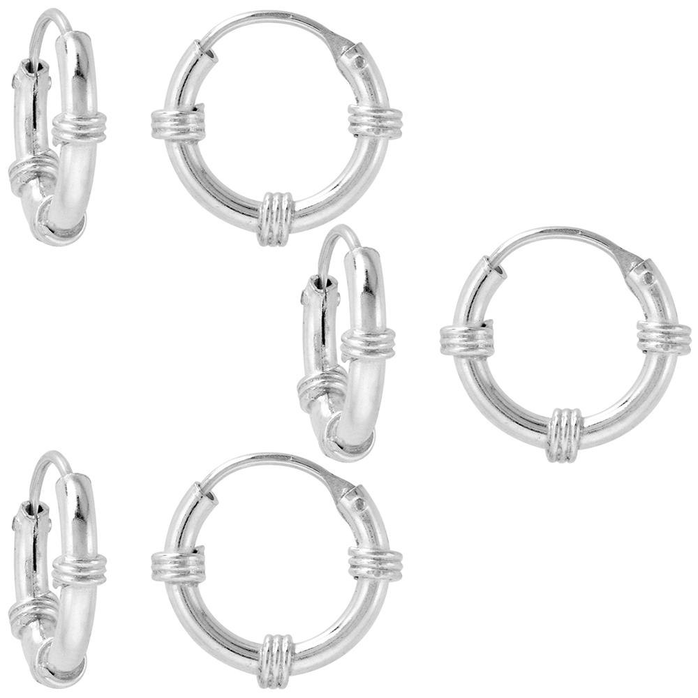 3 Pairs Bali Style 2mm Thick Sterling Silver 14mm Endless Hoop Earrings 9/16 inch Round