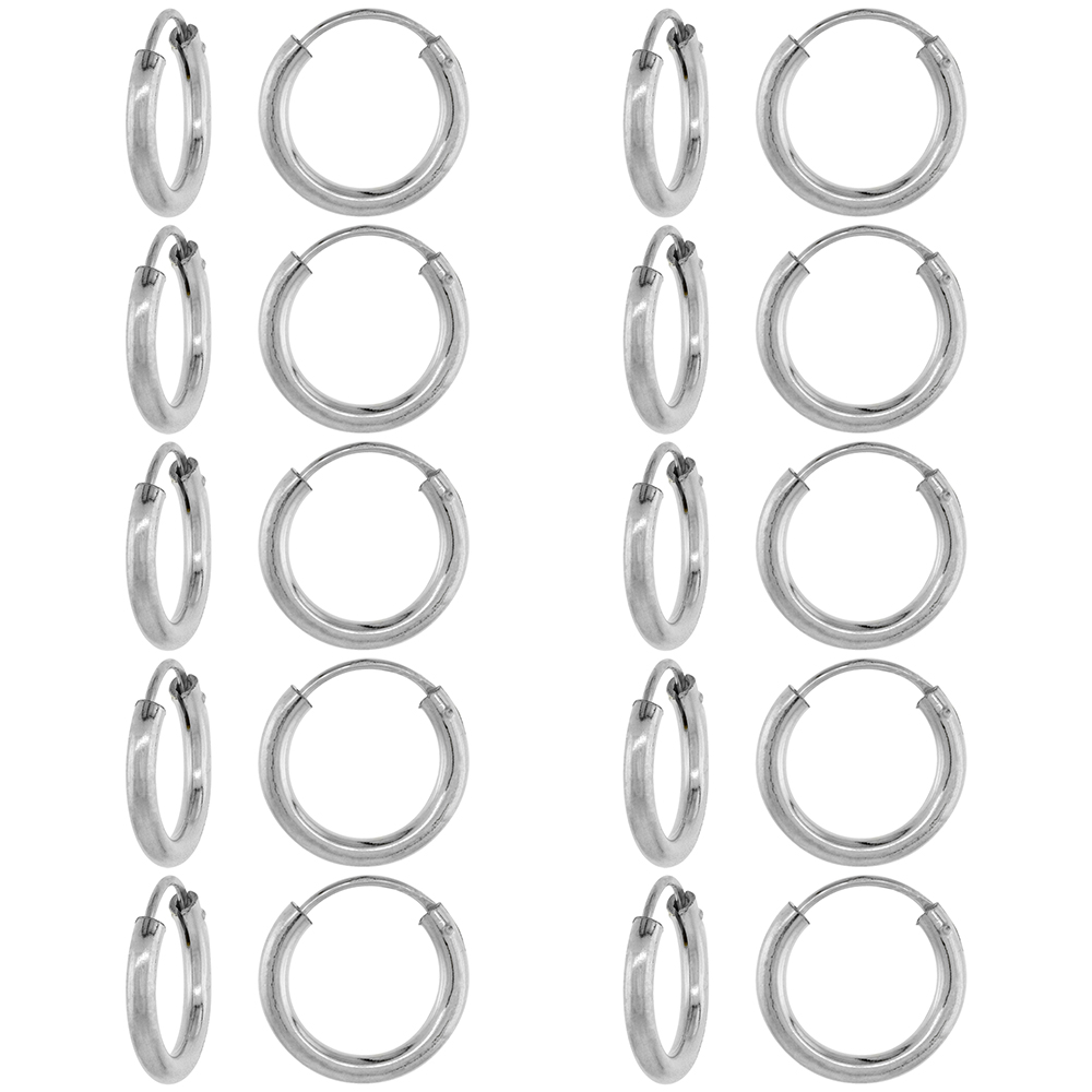 10 Pairs 2mm Thick Sterling Silver 14mm Endless Hoop Earrings for men and women 9/16 inch Round