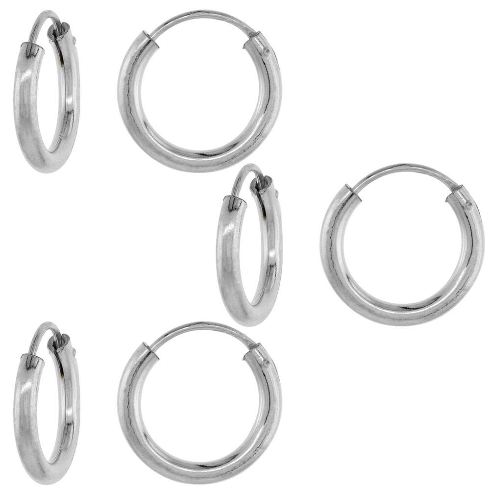 3 Pairs 2mm Thick Sterling Silver 14mm Endless Hoop Earrings for men and women 9/16 inch Round