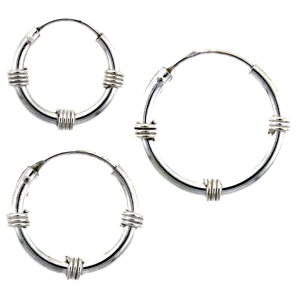 Sterling Silver 16mm, 18mm & 20mm Bali Style Endless Hoop Earrings Set