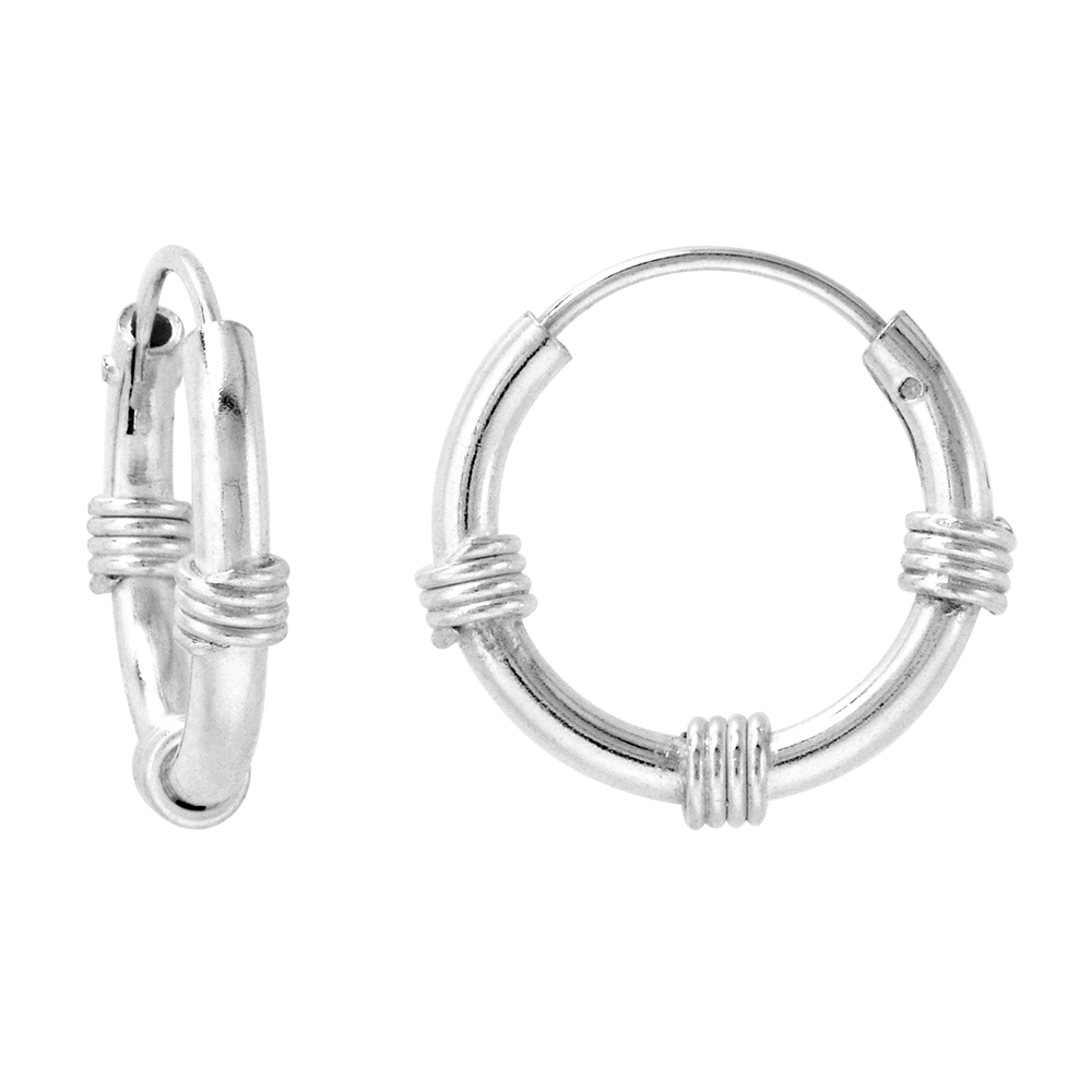 Bali Style 2mm Thick Sterling Silver 16mm Endless Hoop Earrings 5/8 inch Round