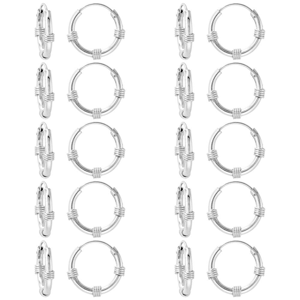 10 Pairs Bali Style 2mm Thick Sterling Silver 16mm Endless Hoop Earrings 5/8 inch Round