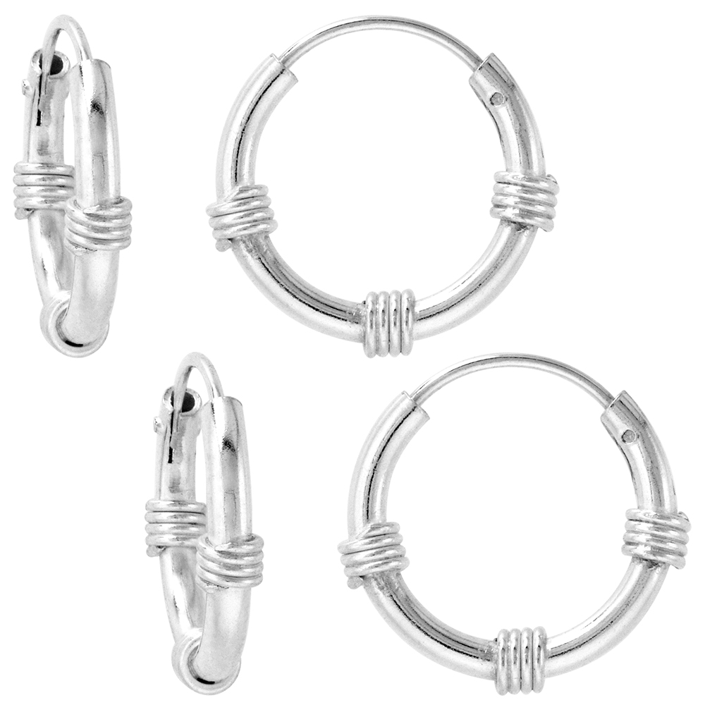 2 Pairs Bali Style 2mm Thick Sterling Silver 16mm Endless Hoop Earrings 5/8 inch Round