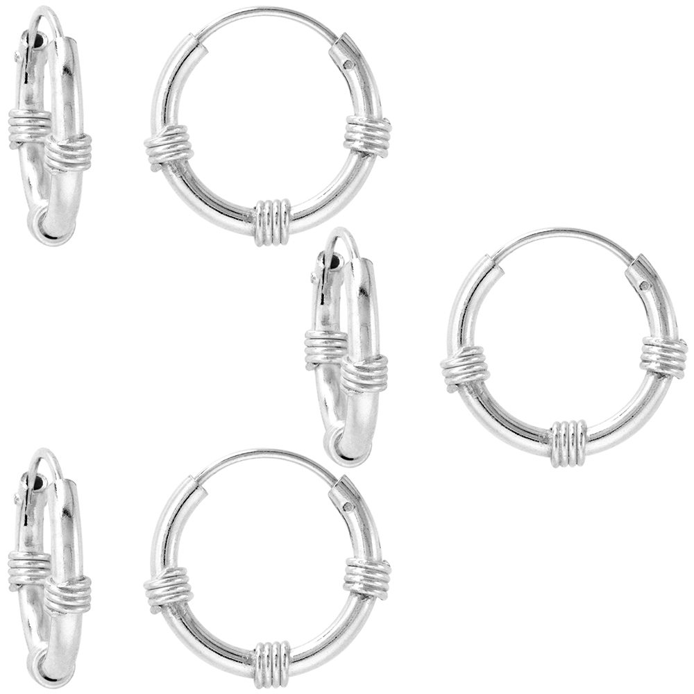 3 Pairs Bali Style 2mm Thick Sterling Silver 16mm Endless Hoop Earrings 5/8 inch Round