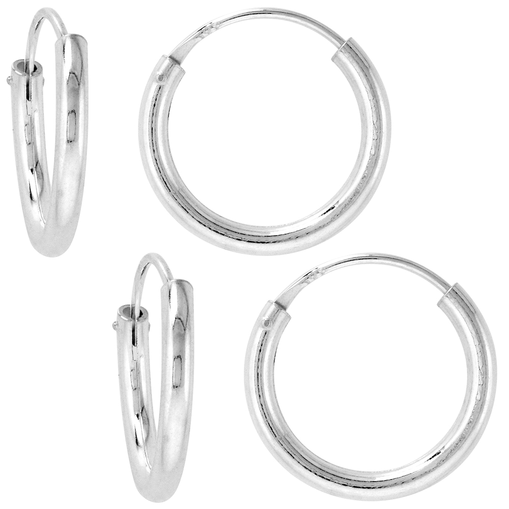 2 Pairs 2mm Thick Sterling Silver 16mm Endless Hoop Earrings 5/8 inch Round
