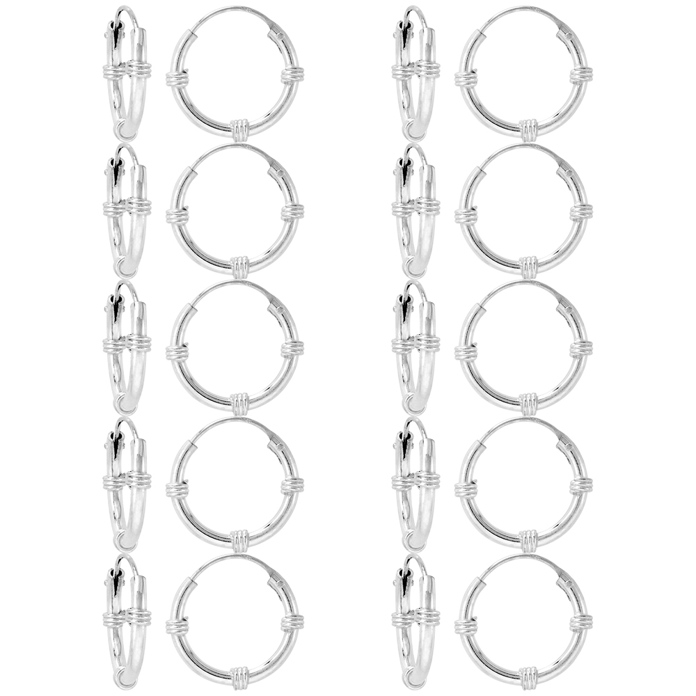 10 Pairs Bali Style 2mm Thick Sterling Silver 18mm Endless Hoop Earrings 3/4 inch Round