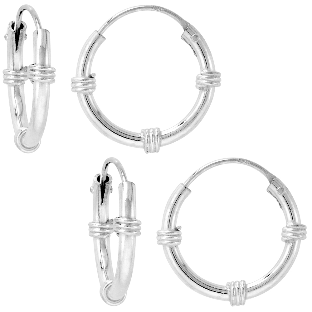 2 Pairs Bali Style 2mm Thick Sterling Silver 18mm Endless Hoop Earrings 3/4 inch Round