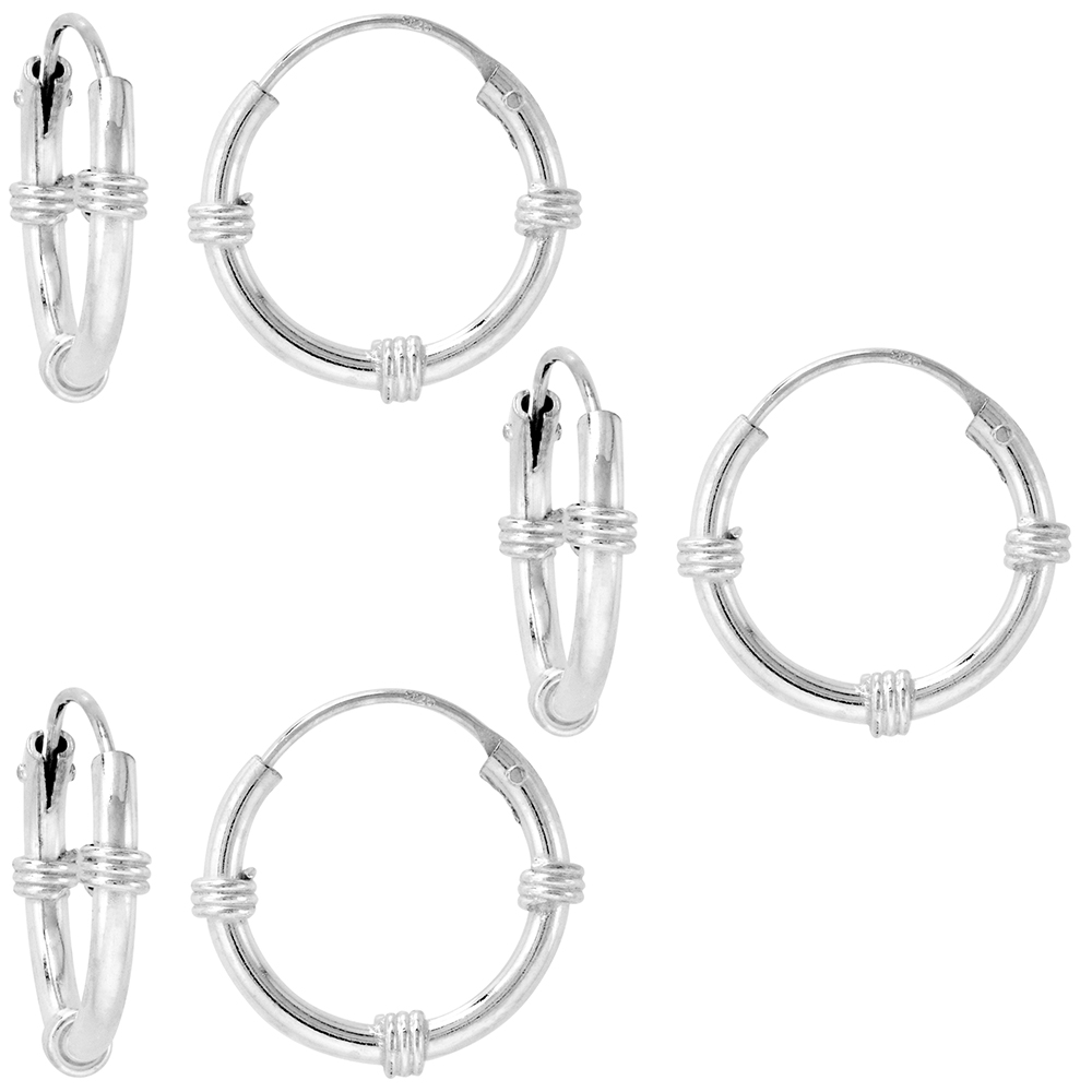 3 Pairs Bali Style 2mm Thick Sterling Silver 18mm Endless Hoop Earrings 3/4 inch Round
