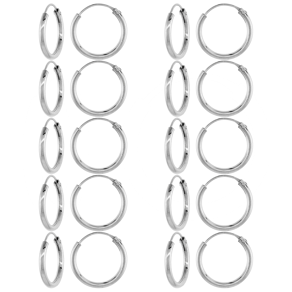 10 Pairs 2mm Thick Sterling Silver 18mm Endless Hoop Earrings 3/4 inch Round