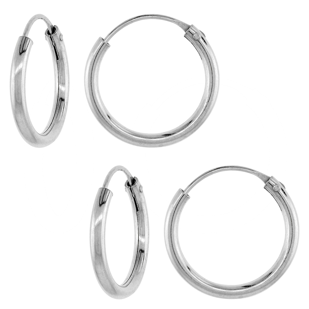 2 Pairs 2mm Thick Sterling Silver 18mm Endless Hoop Earrings 3/4 inch Round